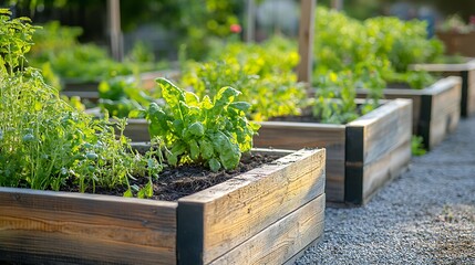 Organic Raised Garden Beds with Soil, Basil, and Leafy Greens in a Summer Garden