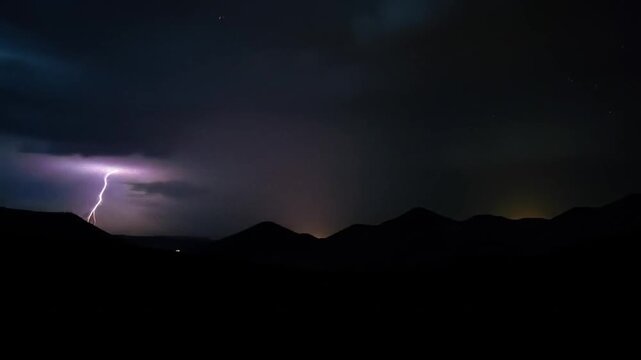Dramatic Night Thunderstorm with a Powerful Lightning Flash Over a Mountain Silhouette.