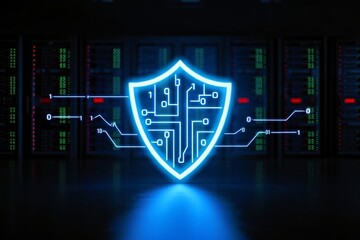 Glowing blue shield with circuit pattern in front of server racks representing security