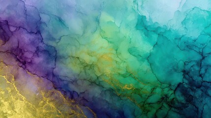 Ethereal watercolor gradient, vivid jewel tones of emerald, sapphire, amethyst, and gold, abstract flowing texture, atmospheric dreamy wash