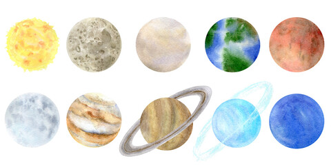 Watercolor planets of the solar system. Planets of outer space: Mercury, Venus, Earth, Mars, Jupiter, Saturn, Uranus, Neptune. Celestial bodies: Sun and Moon. Isolated on a white background.