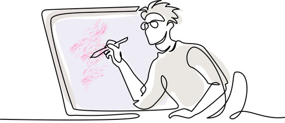 Concept of freelance graphic designer, illustrator, artist, cartoonist. Boy drawing cartoon using tablet and create art