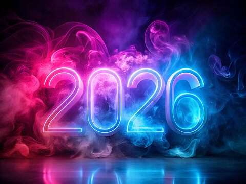 Vibrant neon glow of the year 2026 illuminated by electric blue and magenta smoke amidst a dark futuristic atmosphere - Powered by Adobe