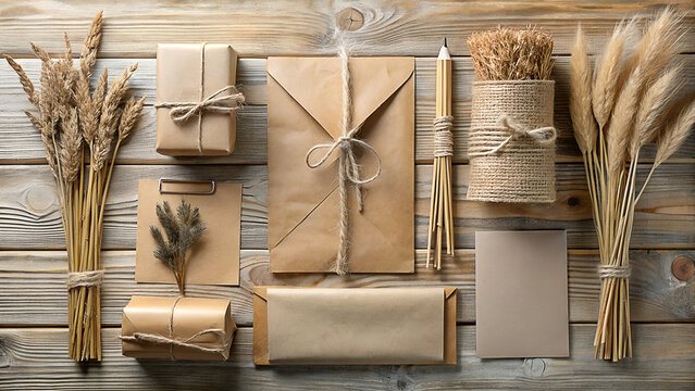 Rustic arrangement of kraft paper wrapped gifts and envelopes adorned with dried wheat stalks and twine on a weathered wooden background