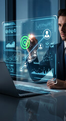 Businessman Interacting with Futuristic Holographic Financial Data Display Showing Growth Charts and People Icons
