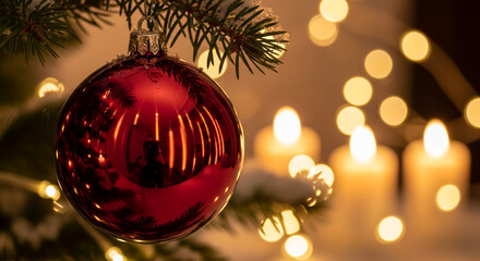 A vibrant red Christmas bauble hangs on a pine branch, its glossy surface reflecting the warm glow of nearby candles and sparkling fairy lights