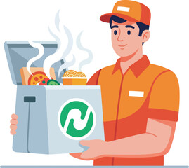 Smiling delivery person holding a large food delivery box filled with steaming hot pizza and pasta.