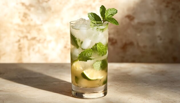 Refreshing Mojito with Lime and Mint Leaves on Textured Surface in Sunlight