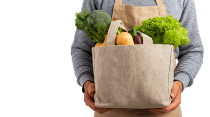 Eco-friendly shopper male with groceries in tote bag, PNG white background