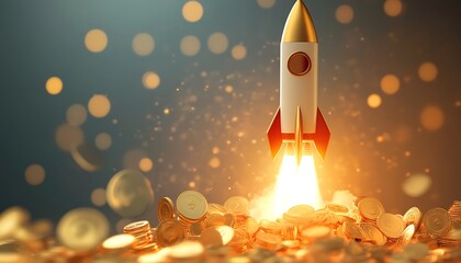 Rising Rocket with Gold Accent Launching over Golden Coins with Bokeh Lights
