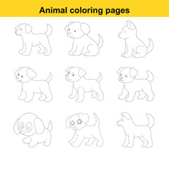 Nine Adorable Cartoon Puppy Coloring Pages for Children with Simple Outdoor Settings canine domestic animal