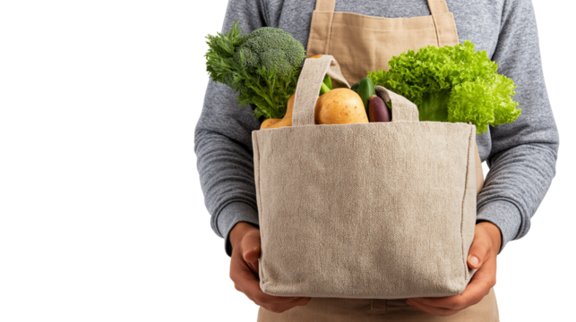 Eco-friendly shopper male with groceries in tote bag, PNG white background