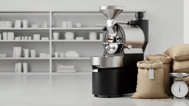 Modern coffee roastery interior featuring a professional roasting machine and sacks of raw coffee beans ready for production