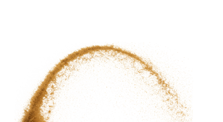 Sharp focus on light-brown granular material, individual particles frozen in an elegant dynamic arc splash against a transparent studio background, concept of foundational transformation