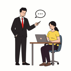 A male mentor guides a female student on a laptop, fostering a collaborative learning environment in a modern office setting.