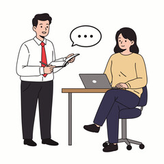 A man and woman collaborate on a project, discussing ideas in a modern office setting, fostering teamwork and communication.