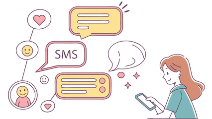 Woman using smartphone with sms messages and social media icons floating around her in a cartoon style