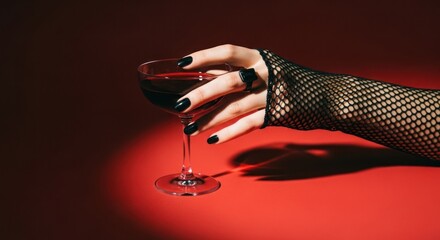 Gloved hand holds glass of red liquid on vivid red background, strong lighting