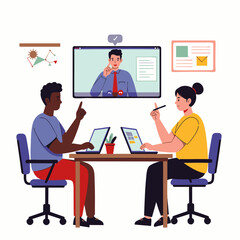 Two diverse professionals engage in a remote video conference, actively collaborating on laptops while a presenter explains concepts.