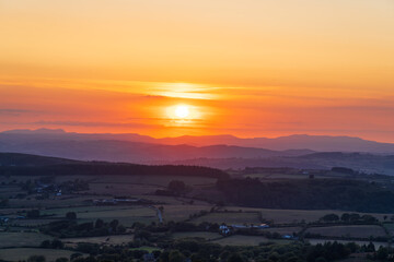 Beautiful misty sunset in Stiperstones National Park in Shropshire UK, part of the wider Shropshire Hills Area of Natural Beauty in landscape orientation