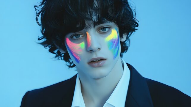 Stylish young man portrait neon face paint
