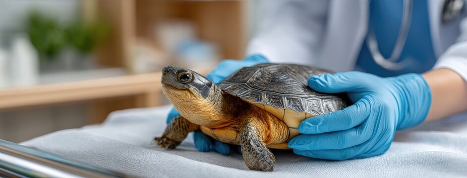Veterinarian handling a turtle during a check-up at an animal clinic on a sunny afternoon