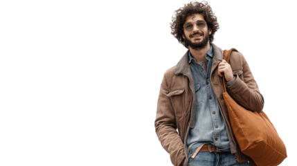Autumn casual man with tote bag, jeans and light jacket, PNG transparent