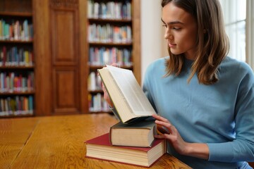 Woman in blue sweater reading a book in a library with bookshelves in the background