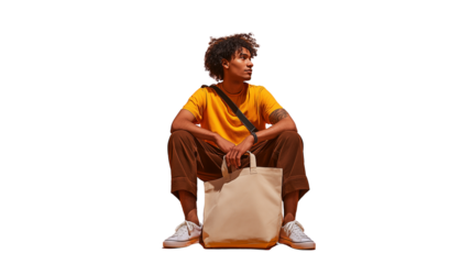 Urban lifestyle male with tote bag, sitting and looking sideways, PNG