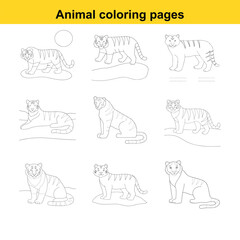 Nine outline drawings of tigers in various poses and rocky environments for coloring pages Keywords: tiger, big cat, feline, animal, wildlife