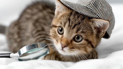 Cute kitten wearing a detective hat and exploring with a magnifying glass indoors on a soft white surface