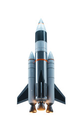 Futuristic, sleek, brushed metal and glossy white rocket model with carbon fiber accents, angled upwards in a pristine high-key studio with cool blue gradient concept for future innovation