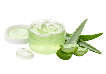 A jar of aloe vera gel sits next to a bunch of aloe vera leaves