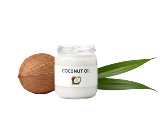 A jar of coconut oil is on a white background