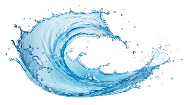 A dynamic blue water splash frozen in time, showcasing its fluid motion and transparent texture, isolated on transparent background