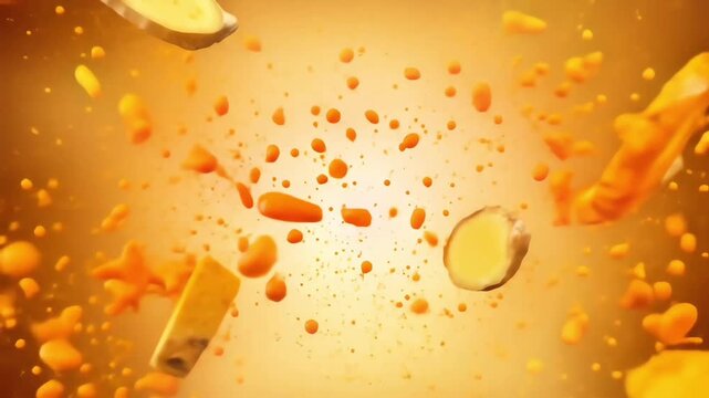 A powerful burst of fresh, raw ingredients like ginger, turmeric, and carrots in a vibrant juice explosion, symbolizing a healthy vitamin boost