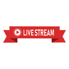 live,stream,video, live stream video banner vector illustration showing red ribbon with play button symbol representing online broadcast digital event communication platform media
