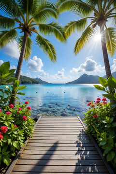 Sonniger Steg zum tropischen Meer - Harmonisches Wallpaper - Hintergrundbild