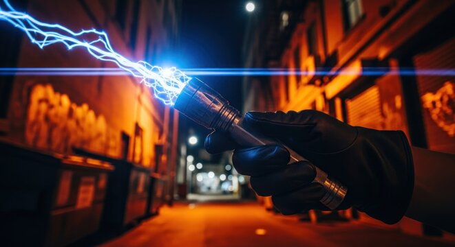 Hand in glove holds a torch emitting electrical bolts in an alley at night - Powered by Adobe
