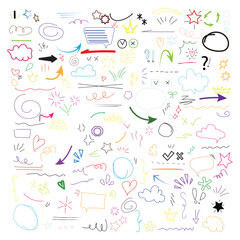 doodle,sketch,icon A digital vector illustration of multiple colorful hand drawn doodle elements including arrows clouds stars hearts and symbols minimal flat style isolated template for decoration