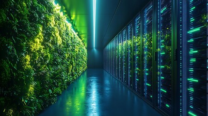 A server room with a wall of plants and servers with green lights in a long dark corridor view