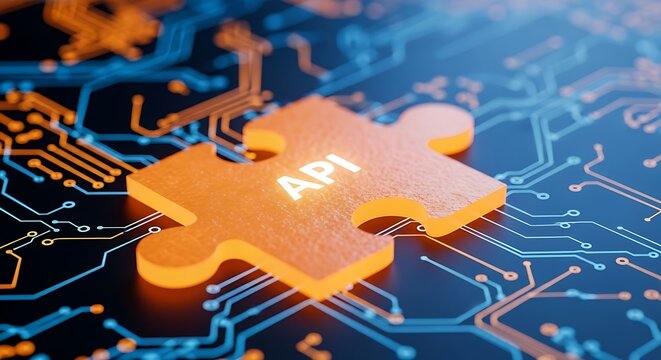Concept of API as the key component for system integration. A glowing puzzle piece connects to a circuit board representing software development.