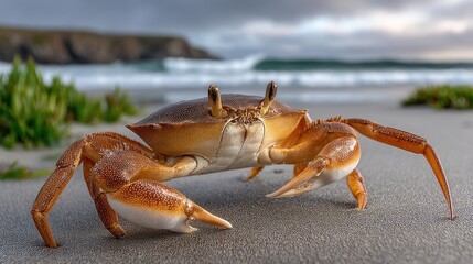 Crab walking along sandy beach with ocean waves in background during early evening light