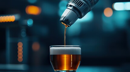 Robotic bartender dispensing nozzle, liquid flow, subtle foam