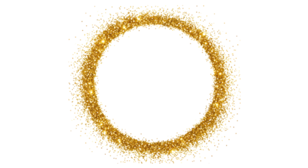 A photorealistic, top-down studio shot of an elegant, perfectly symmetrical circular frame of sparkling golden glitter with dust motes on a transparent background, concept of luxury and celebration