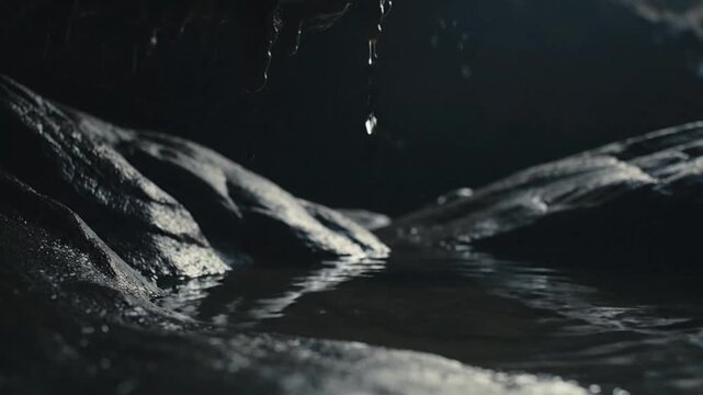 Ethereal Slow Motion Water Drop Splashes into a Dark Reflective Pool Inside a Mysterious Cave. - Powered by Adobe