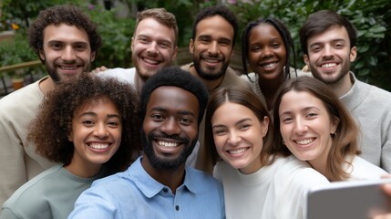 Friends enjoy togetherness while taking a cheerful selfie in a lush garden setting