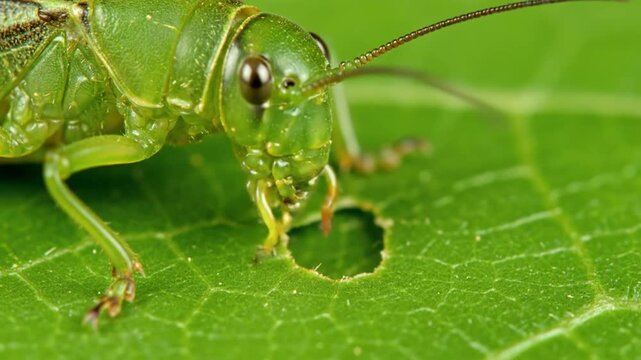 Extreme Macro CloseUp A Vibrant Green Grasshopper Methodically Chewing Through a Fresh Leaf.