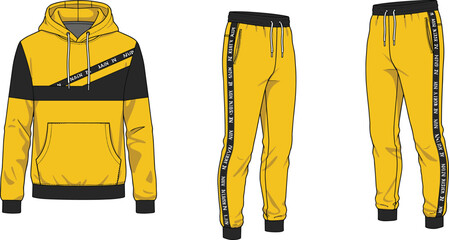 Yellow tracksuit set flat sketch, hoodie and jogger pants vector illustration, sportswear design template, casual activewear clothing CAD fashion drawing