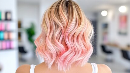 Woman with pastel peach hair color, blonde highlights, and a pink ombre effect in a modern salon, viewed from the back.
